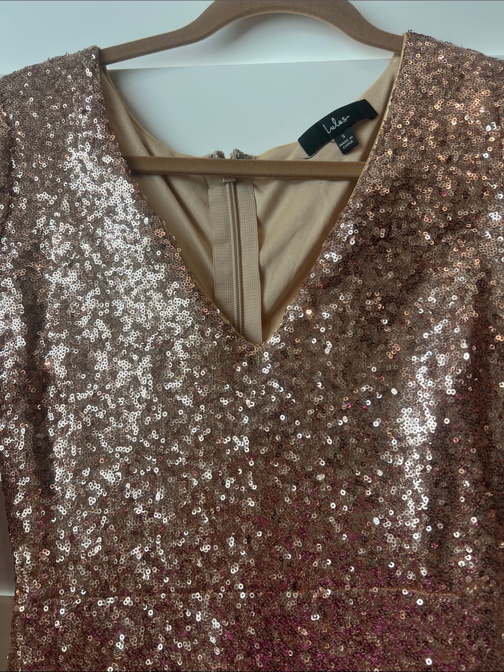 Lulus Rose Gold Sequin V-Neck Long Sleeve Mermaid Maxi Dress Small